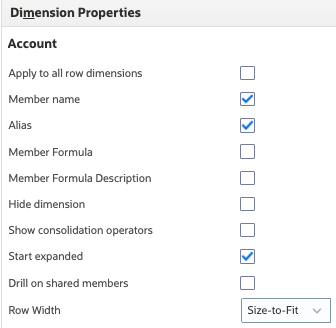 Dimension properties for Account