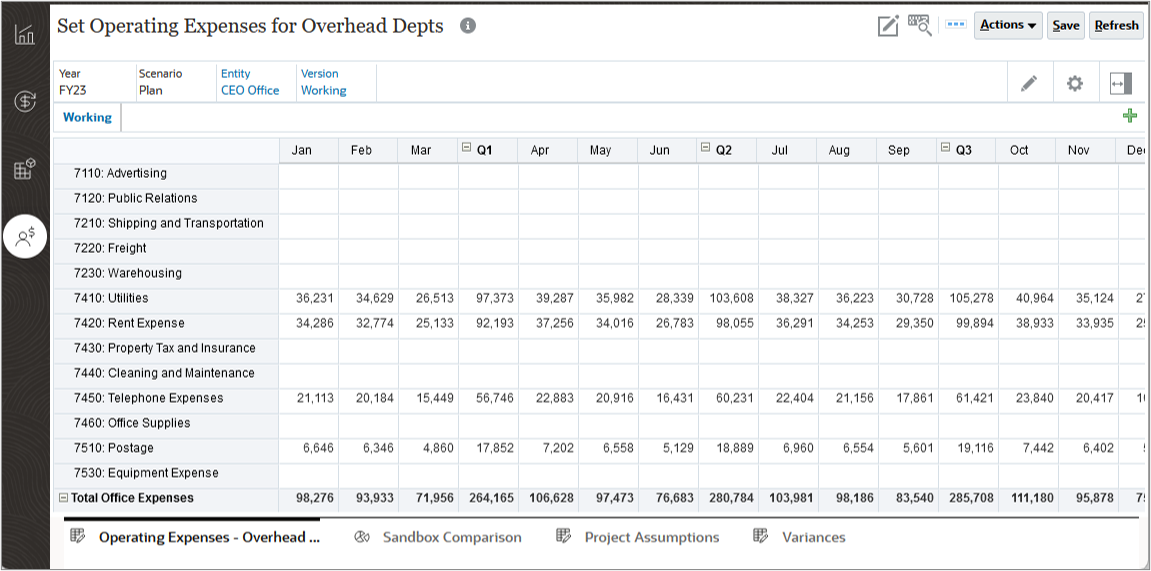 Set Operating Expenses for Overhead Depts For for CEO Office Page