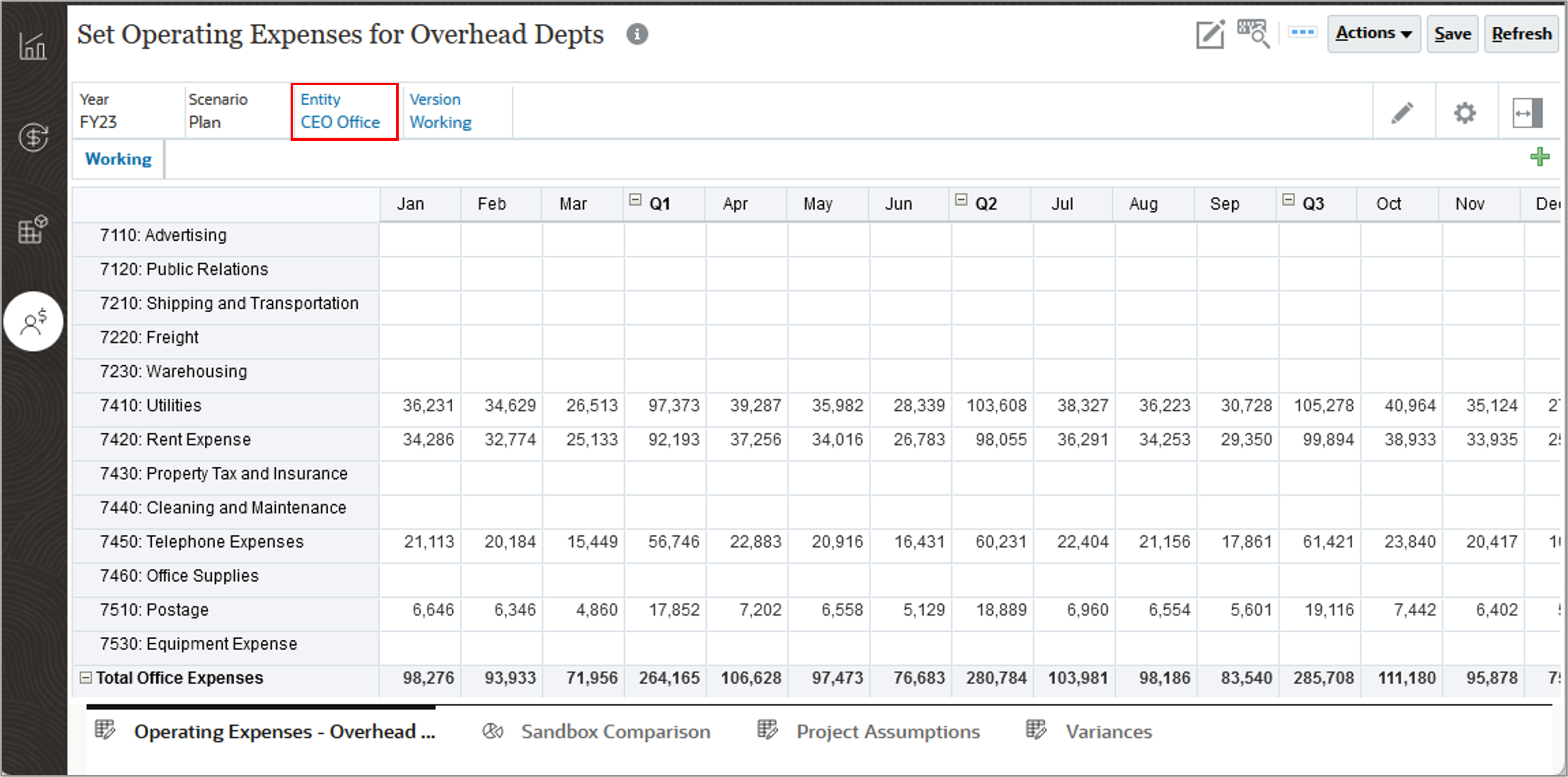 Set Operating Expenses for Overhead Depts For for CEO Office Page