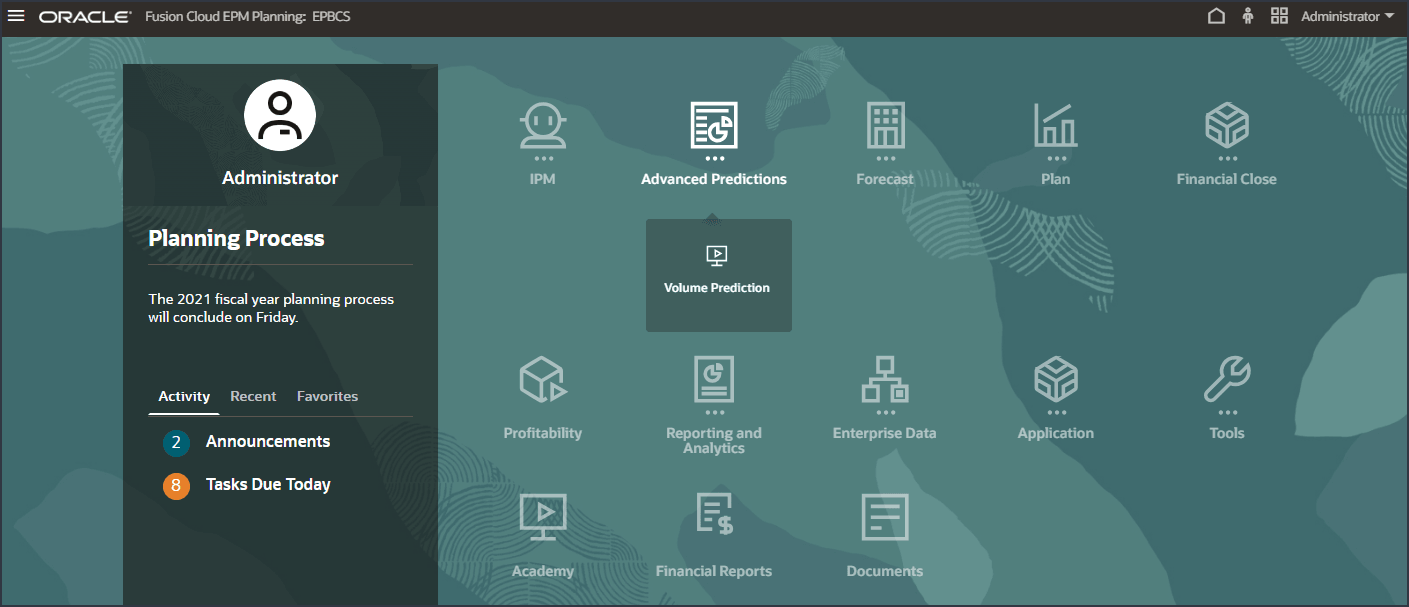 EPM Cloud Navigation Flow with Advanced Predictions card