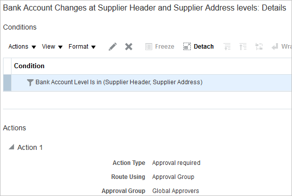 This image displays the Approval Rule for Supplier Header and Address Level Bank Account Changes.