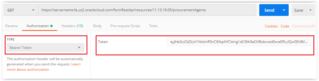 Passing of the authorization and authentication information in Postman.