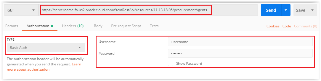 Postman example with basic authentication, user name, and password.