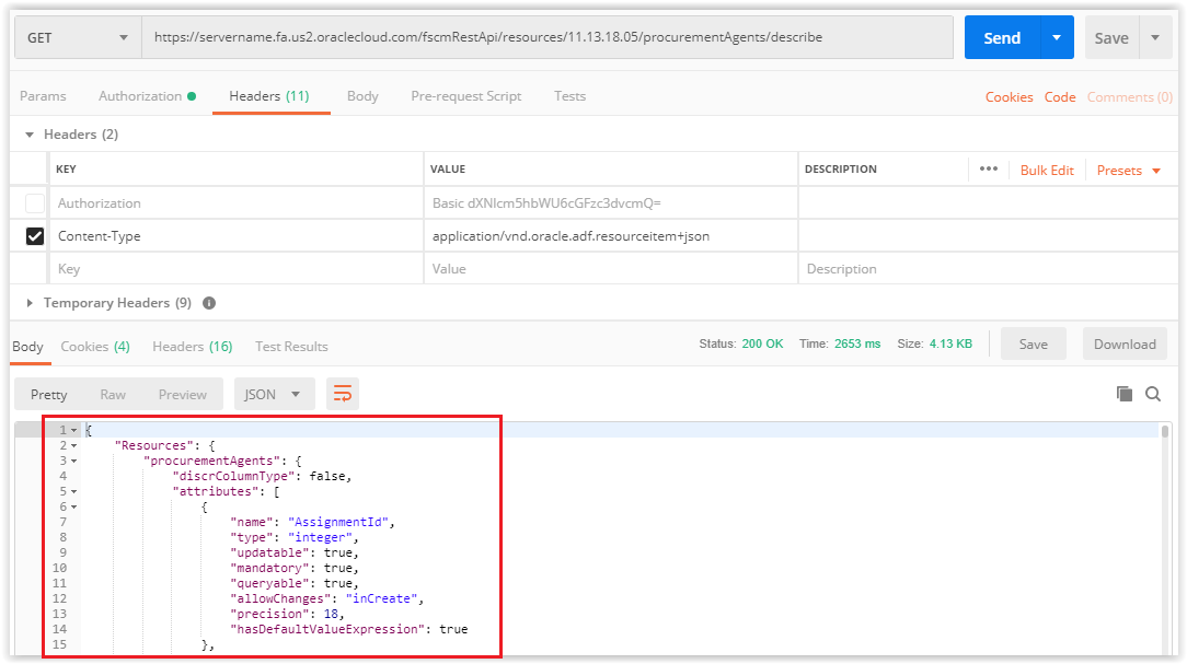 Example of a response in Postman.