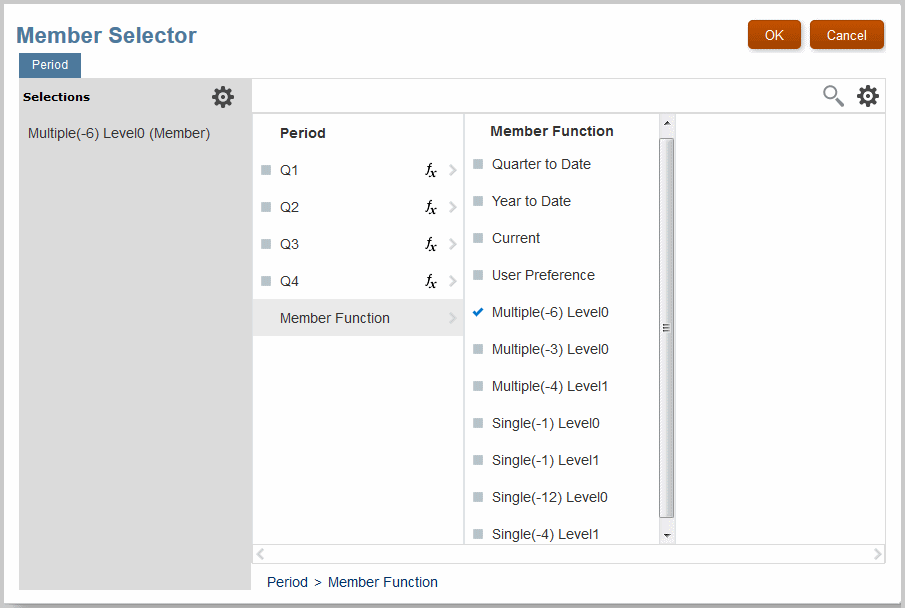 The Member Selector screen with Level 1 selections (Q1, Q2, and so on) plus a series of formulas as described in the following text.