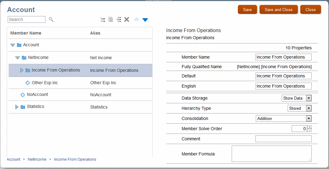 You can click arrows to expand the Dimensions screen. Select a member to show its properties.