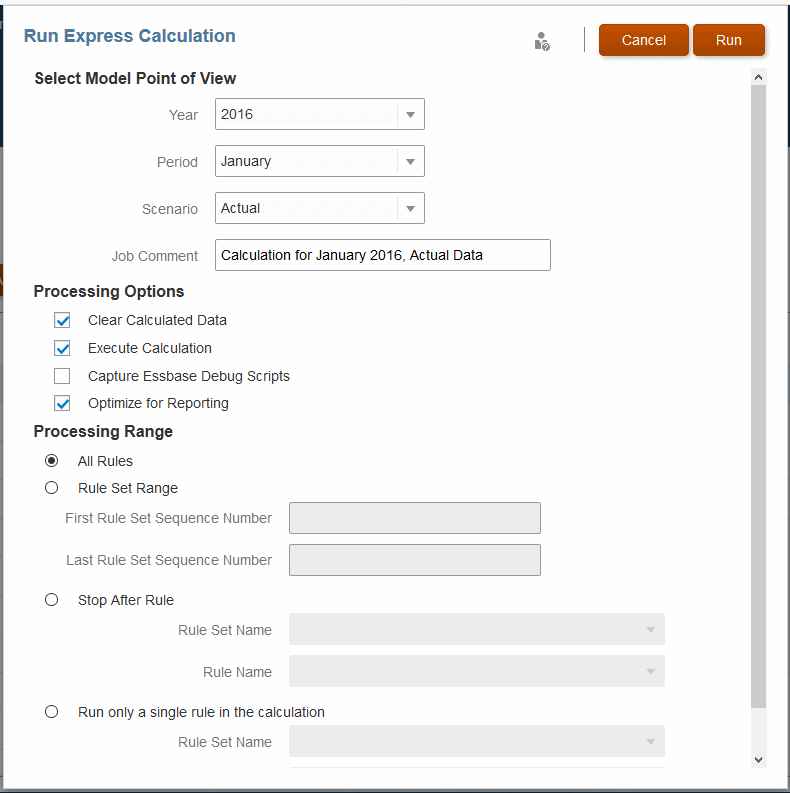 Run Express Calculation screen with a single Model POV selected.
