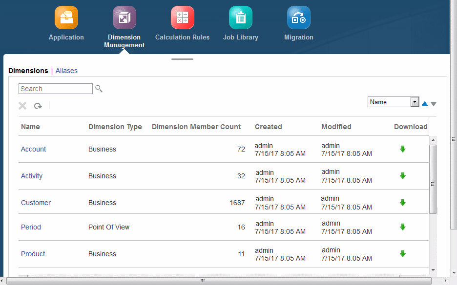 The Dimensions tab of the Dimension Management screen displays dimensions and members for the application. You can use the Aliases tab to add new alias tables.