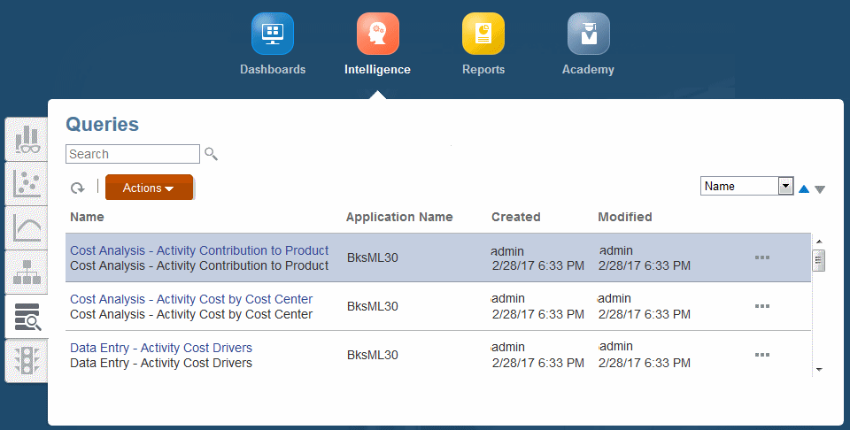 Queries screen with a list of queries. Each query is followed by an application name, date of creation, date of modification, and a settings icon.