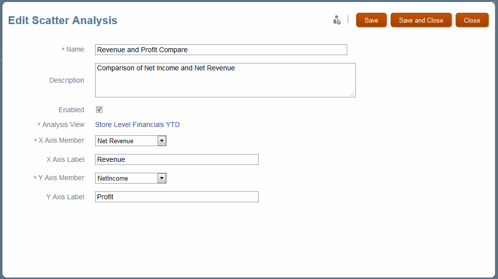 Edit Scatter Analysis screen filled out with a complete scatter analysis graph definition as described previously.
