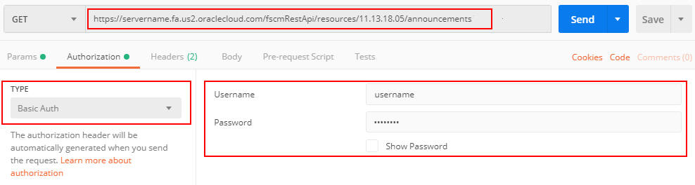 Postman example with basic authentication, user name, password