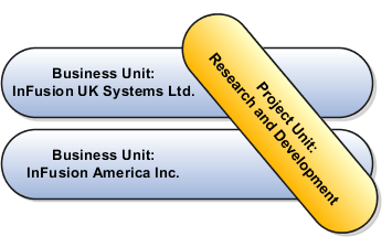 This graphic illustrates business units that are associated with the same project unit. These business units have the same research and development processes, so a single project unit is used by both business units to facilitate common project management practices.