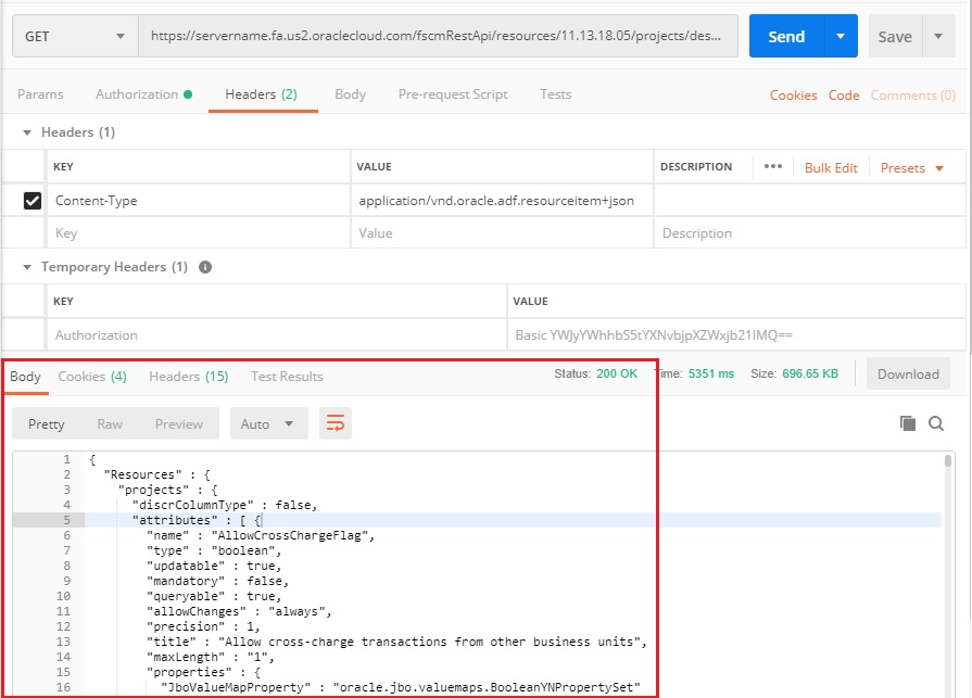 Example of a response in Postman