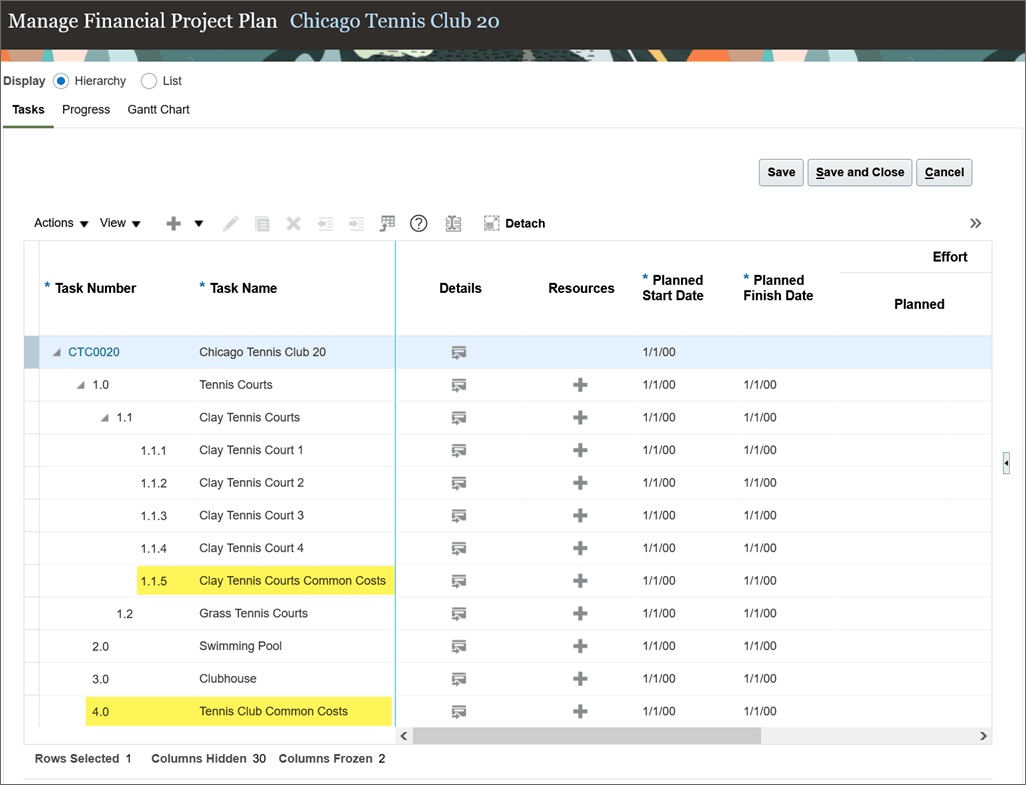 Screenshot depicting a project plan for creating a tennis court