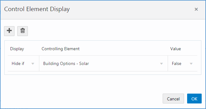 Control Element Display dialog box showing elements to be hidden if a single-item check box has not been selected.