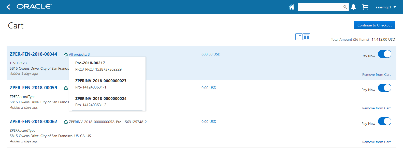 Example of a payment cart with fees