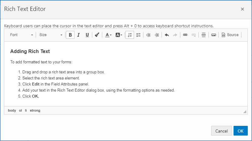 Rich Text Editor dialog box used for adding rich text areas to an application form.