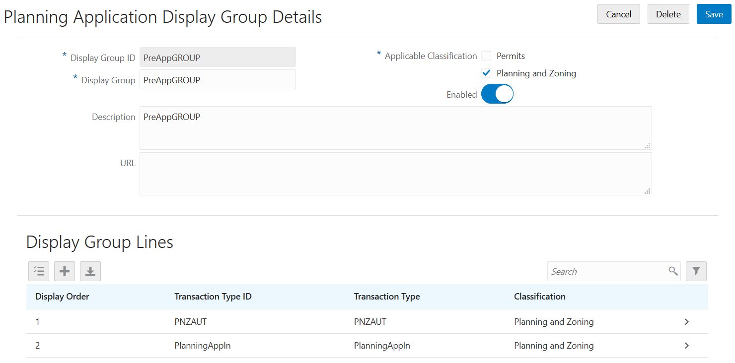 Planning Application Display Group Details page