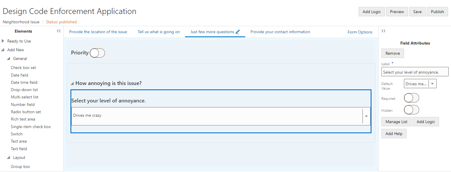 Code Enforcement Intake Form Designer user interface