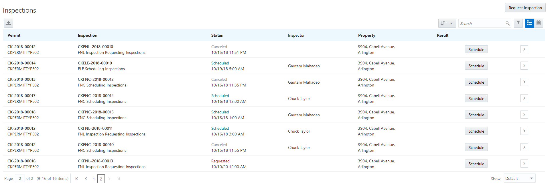 Inspections list page for supervisors
