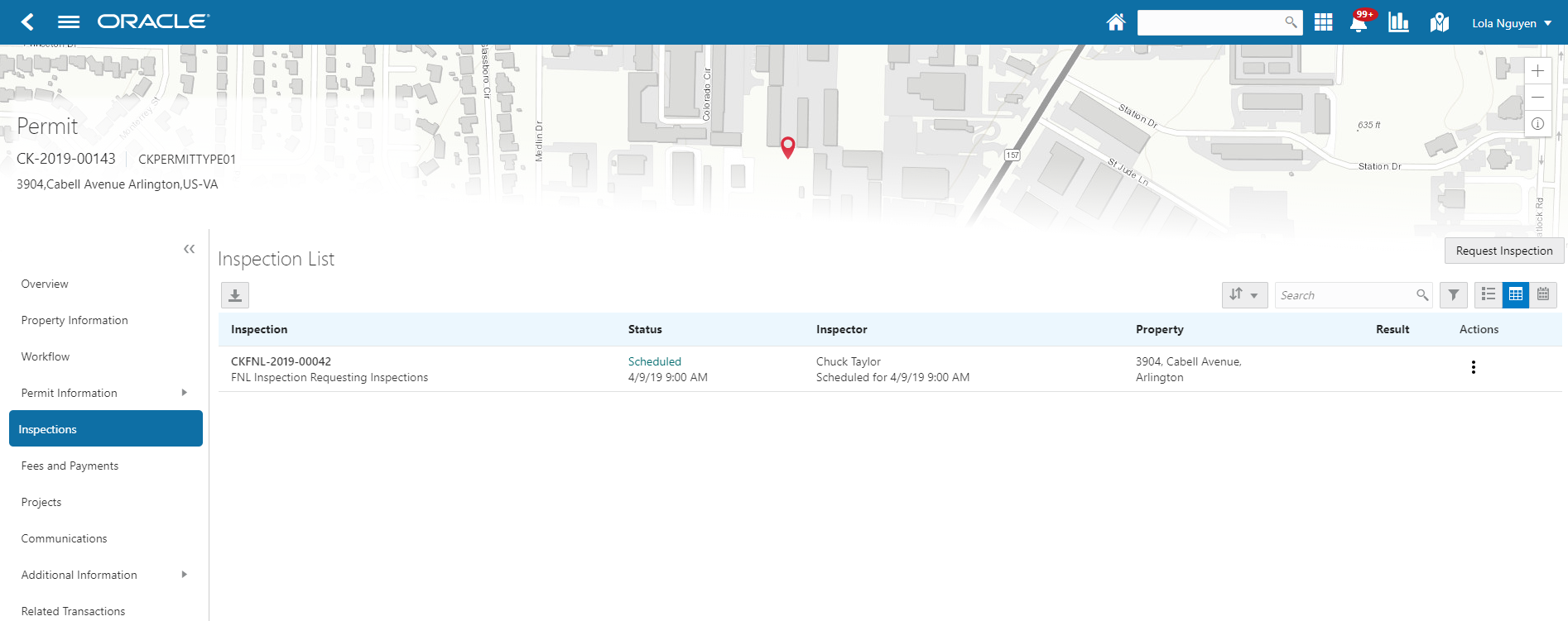 Example of the Inspection List page in the permit details