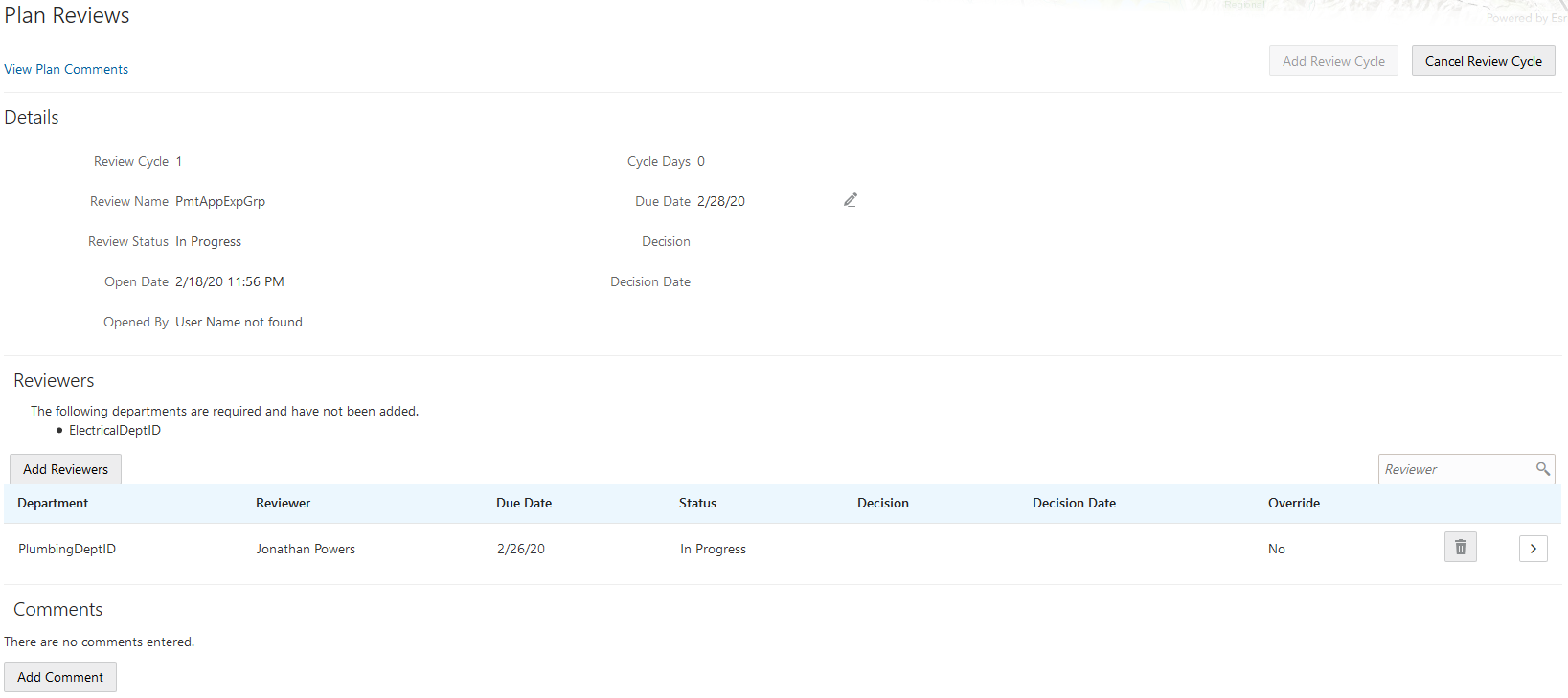 Example of the Plan Reviews page for a manual review