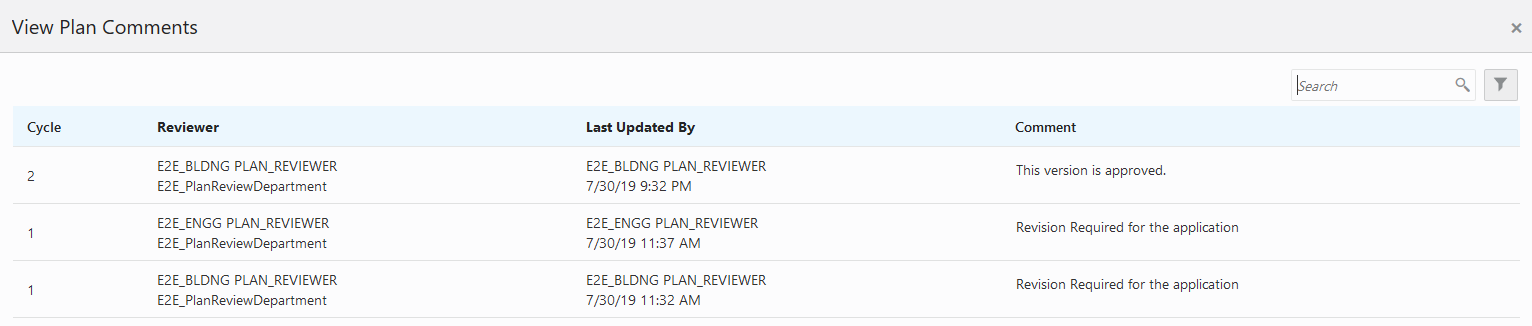 Example of the View Plan Comments page