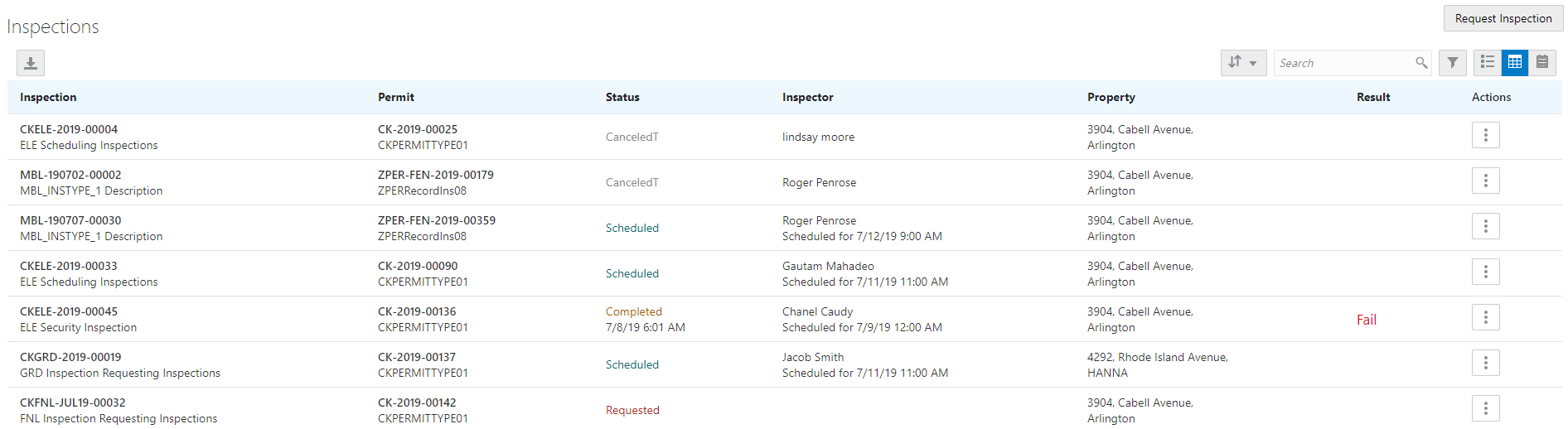 Example of the Inspections page