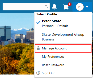 Account menu with the Manage Account item highlighted