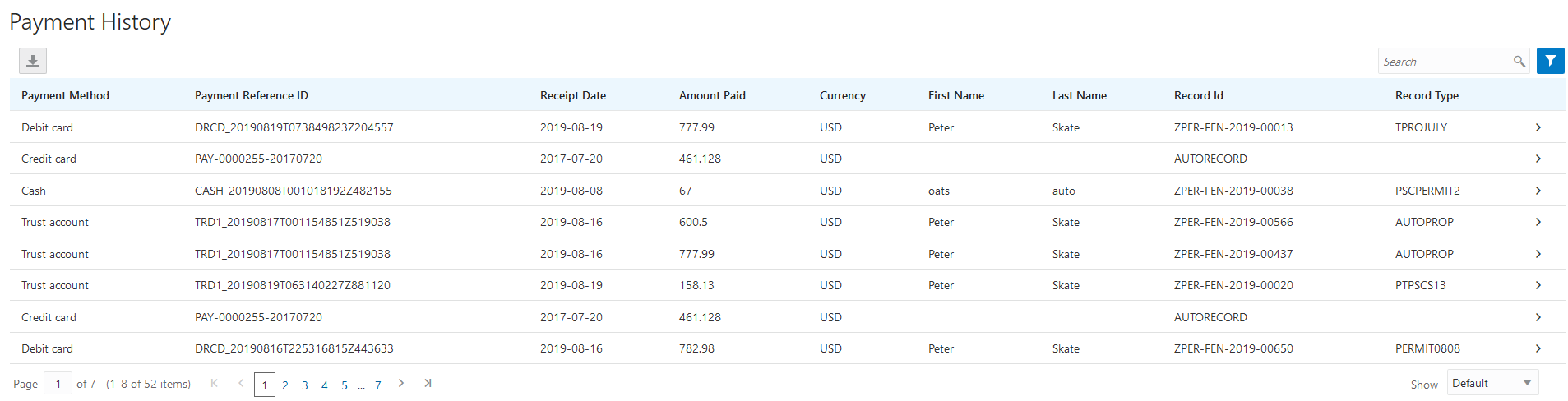 Example of the Payment History page
