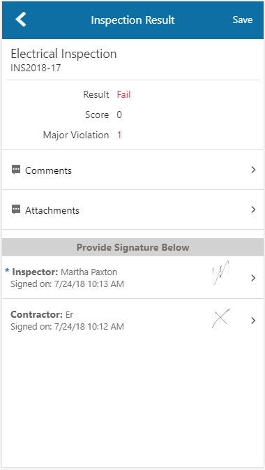 Oracle Inspector - Inspection Result page, example of a completed inspection with signatures