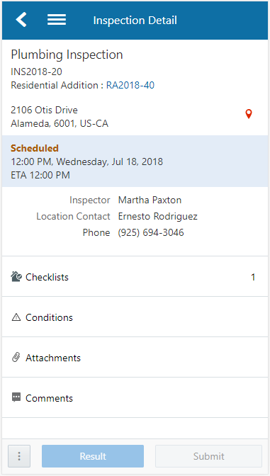 Oracle Inspector - Inspection Detail page, example of a scheduled inspection