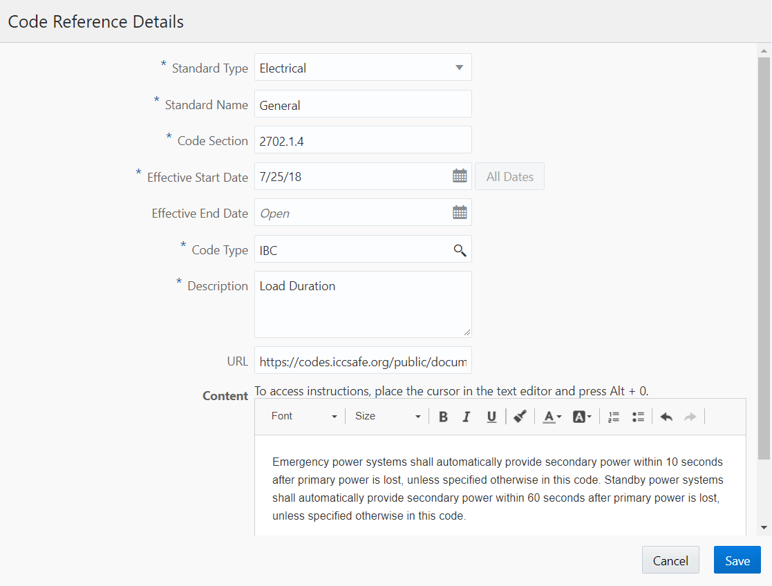 Code Reference Details page