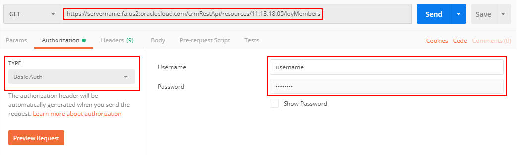 Postman example with basic authentication, user name, and password