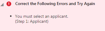 Example of itemized error messages at the top of the form indicating the error and location of the field.