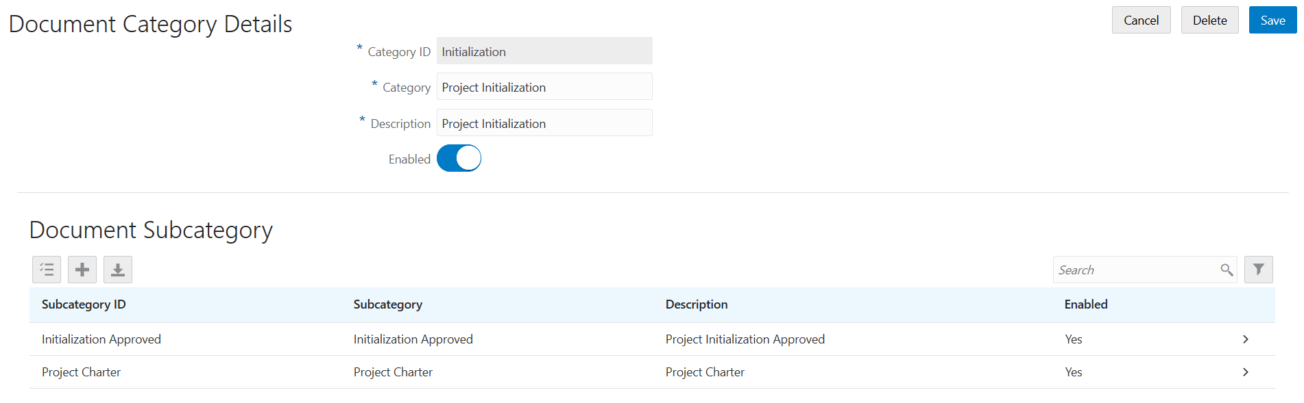 Document Category Details page