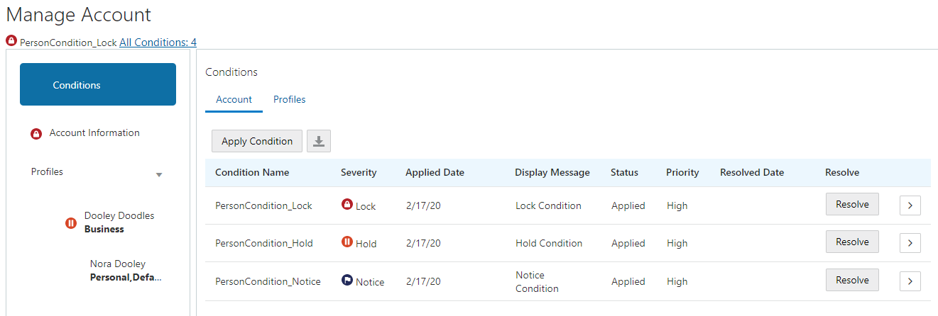 Condition indicators on the Manage Account page