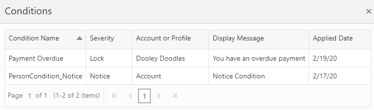 Conditions list page for a public user account