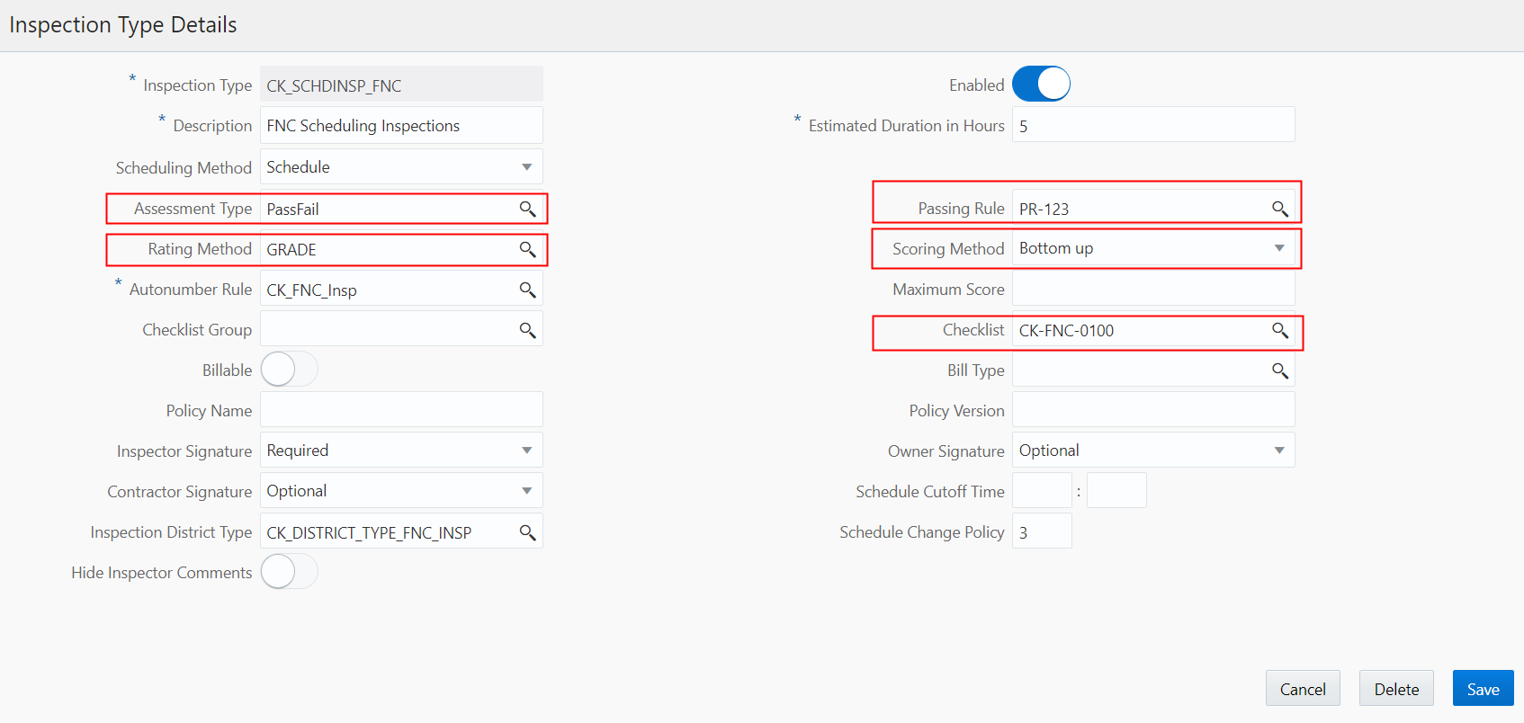 Example of an inspection type set up with Bottom Up scoring