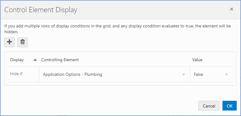 Control Element Display dialog box showing elements to be hidden if a single-item check box has not been selected.