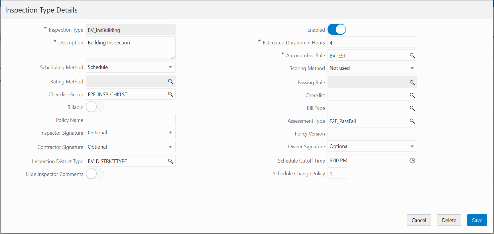 Inspection Type Details page