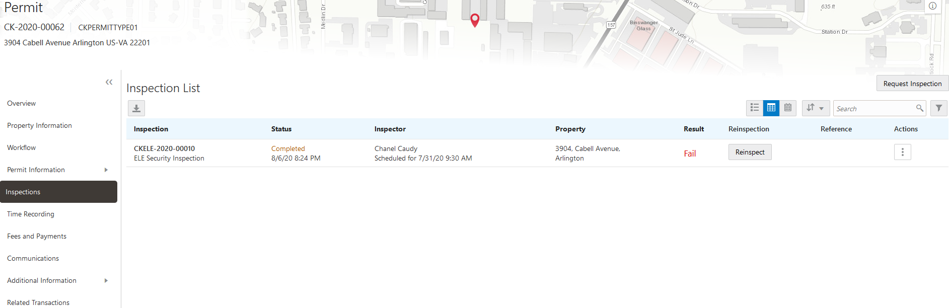 Example of the Inspection List page in the permit details