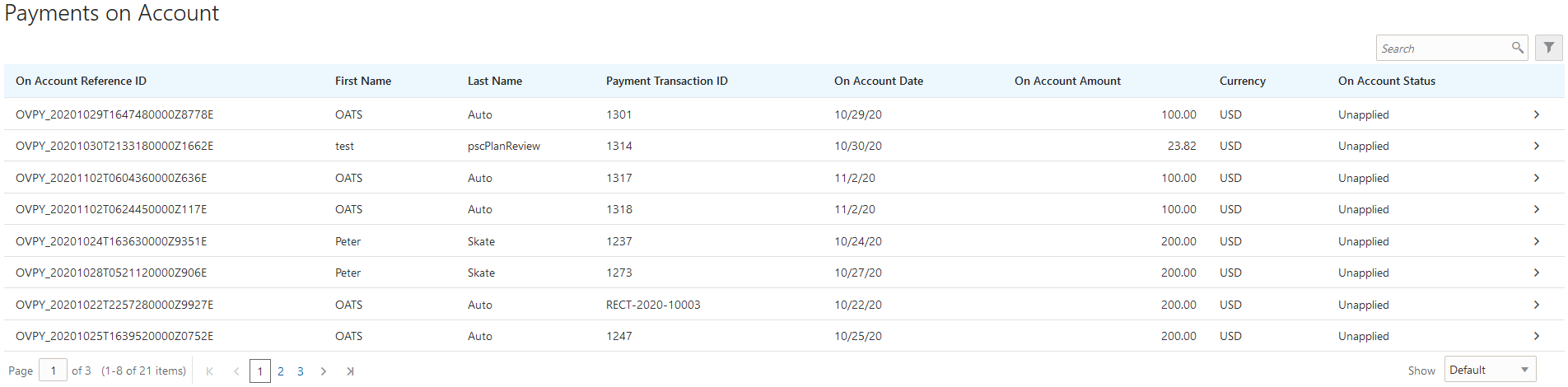 Example of the Payments on Account page