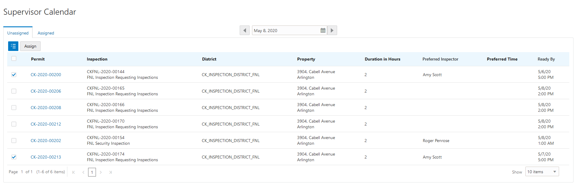 Example of the Unassigned tab of the Supervisor Calendar page with the Select Multiple button selected