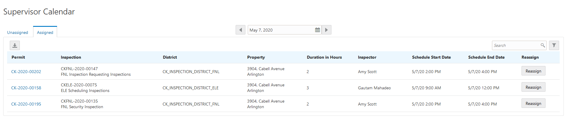 Example of the Assigned tab of the Supervisor Calendar page