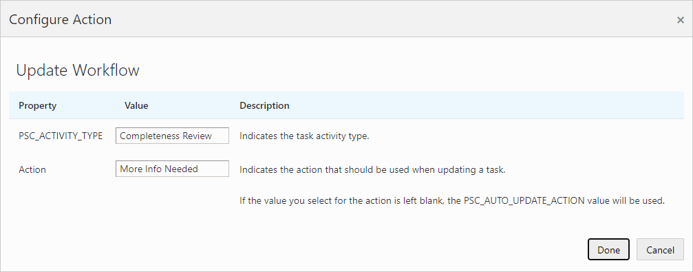 Configure Action page - Update Workflow
