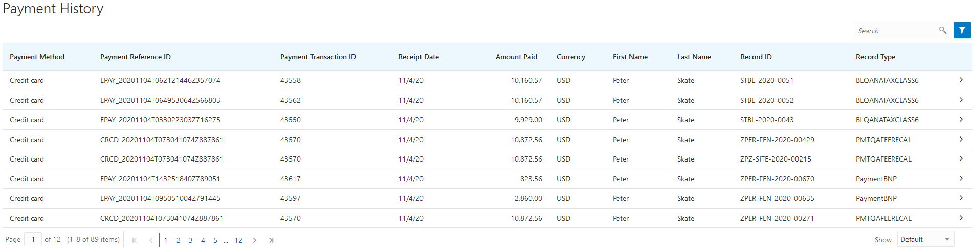 Example of the Payment History page