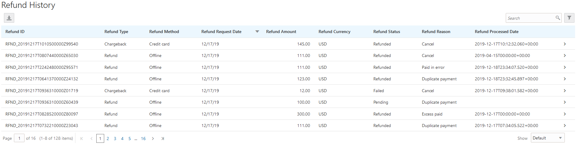 Example of the Refund History page