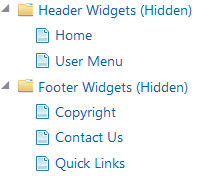 Header and footer widgets menu folders in the Products menu