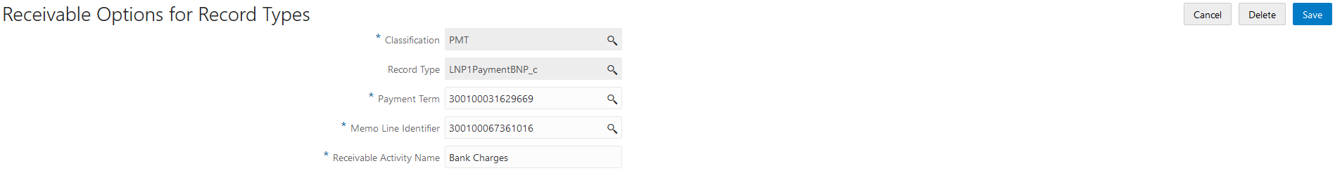 Example of the Receivable Options for Record Types details page